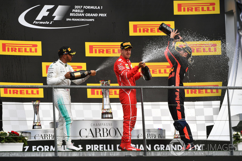 Lewis Hamilton, Mercedes AMG F1, Sebastian Vettel, Ferrari and Daniel Ricciardo, Red Bull Racing celebrate on the podium