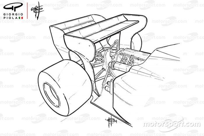 Detalle del alerón trasero del Toleman TG184 1984