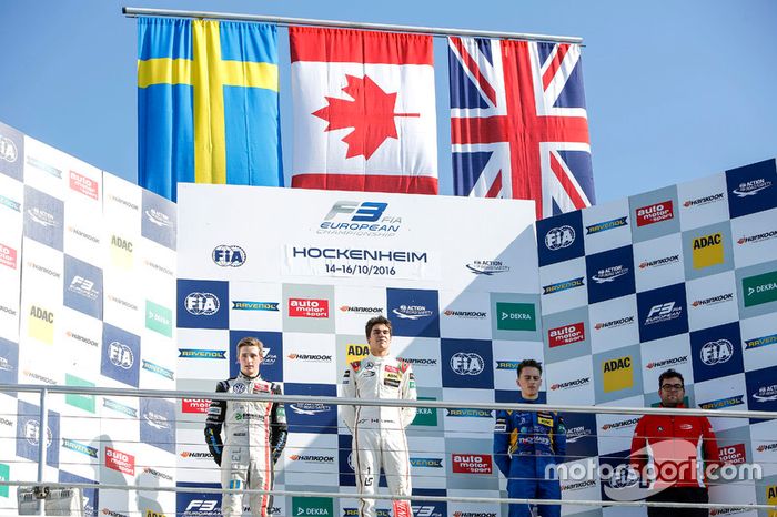 Podium: Race winner Lance Stroll, Prema Powerteam Dallara F312 - Mercedes-Benz; second place Joel Eriksson, Motopark Dallara F312 - Volkswagen; third place Jake Hughes, Carlin Dallara F312 - Volkswagen