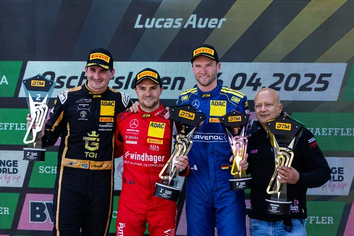 Podium: Race winner Lucas Auer, Mercedes-AMG Team Landgraf, second place Jordan Pepper, Grasser Racing Team, third place Maro Engel, Mercedes-AMG Team WINWARD, Klaus Landgraf, Mercedes-AMG Team Landgraf.