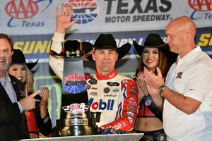 Kevin Harvick, Stewart-Haas Racing, Ford Fusion Mobil 1 celebrates his win in Victory Lane