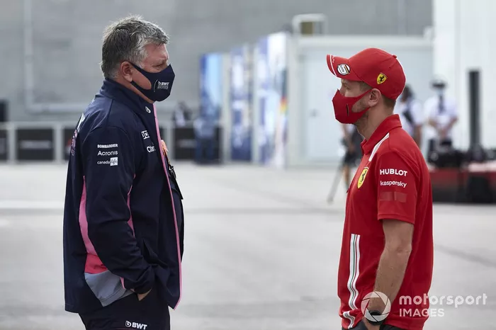 Otmar Szafnauer, Team Principal y CEO, Racing Point y Sebastian Vettel, Ferrari
