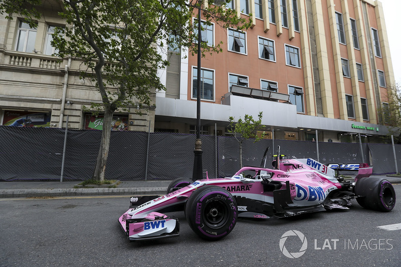 The crashed car of Esteban Ocon, Force India VJM11