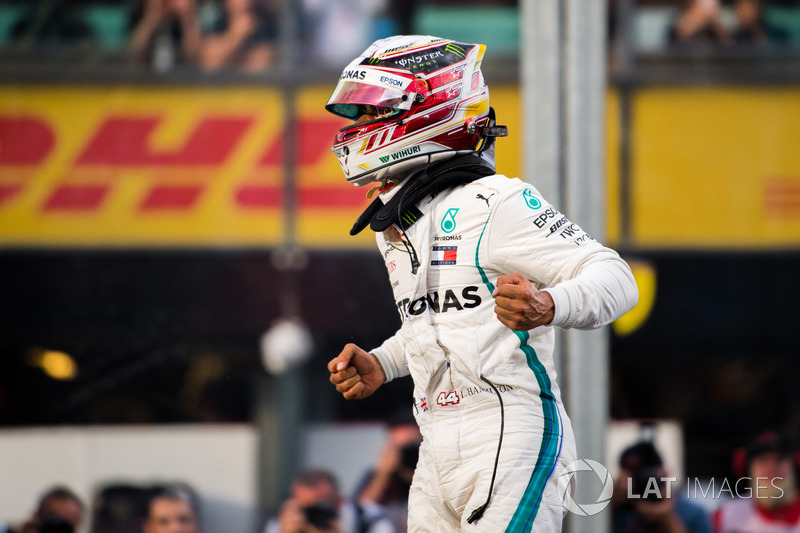 Pole sitter Lewis Hamilton, Mercedes-AMG F1 celebrates in parc ferme