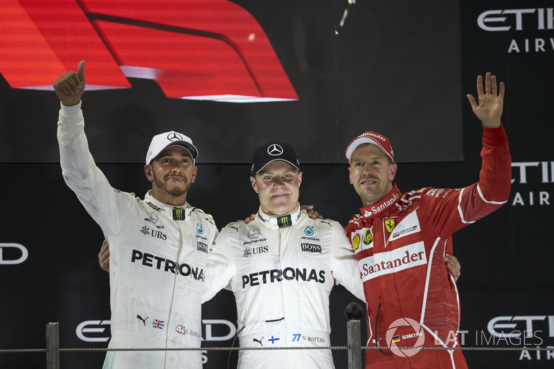 Podium: Second place Lewis Hamilton, Mercedes AMG F1, Race winner Valtteri Bottas, Mercedes AMG F1, 