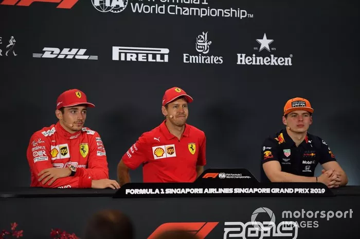 Charles Leclerc, Ferrari, Race winner Sebastian Vettel, Ferrari and Max Verstappen, Red Bull Racing in the Press Conference 
