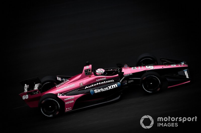 Jack Harvey's Meyer Shank Racing with Arrow SPM-Honda carries the Arrow logo (just ahead of the rear wheels) and also has the livery layout of its sister cars. 