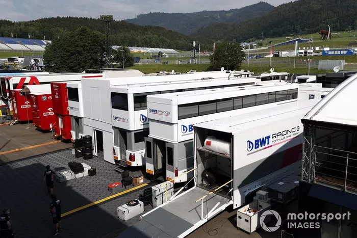 Racing Point transporters in the paddock