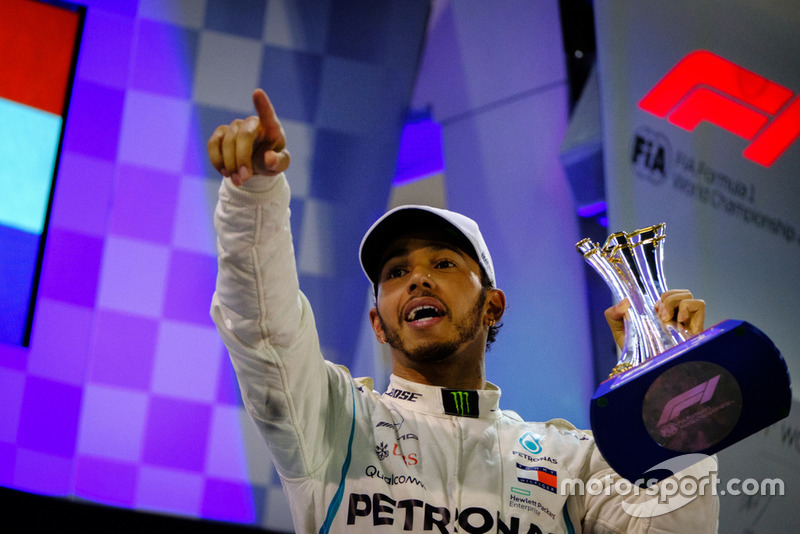 Lewis Hamilton, Mercedes AMG F1, 1st position, with his trophy