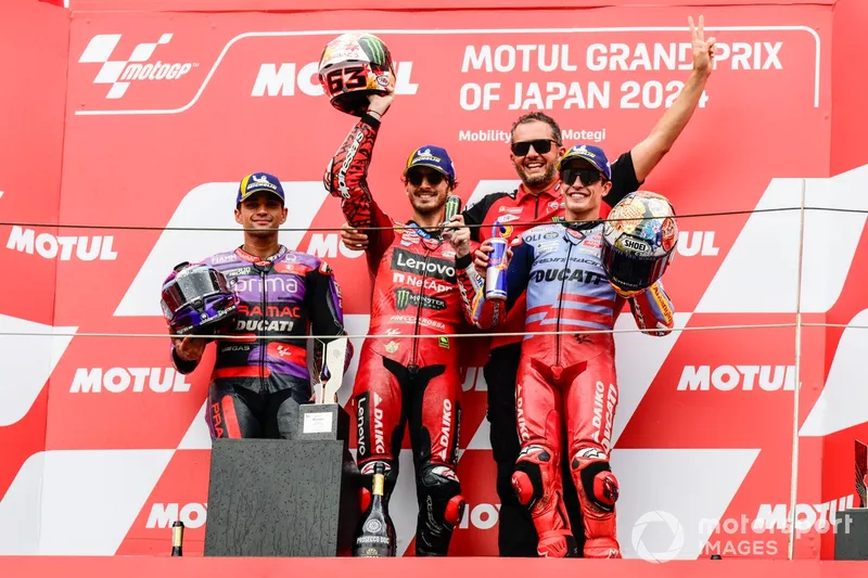 Francesco Bagnaia, Ducati Team, Jorge Martin, Pramac Racing, Marc Marquez, Gresini Racing Team podium