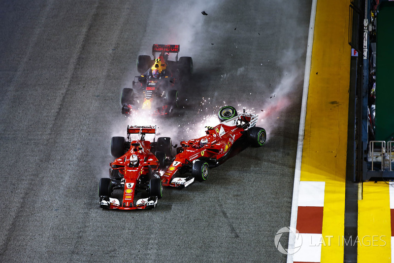 Sparks fly as Kimi Raikkonen, Ferrari SF70H hits Max Verstappen, Red Bull Racing RB13 and Sebastian 