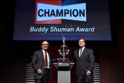 Tim Nelson, Director of Motorsports, Federal-Mogul Motorparts, and Jack Roush, Roush Fenway Racing, pose with the Buddy Shuman Award during the NASCAR NMPA Myers Brothers Awards Luncheon