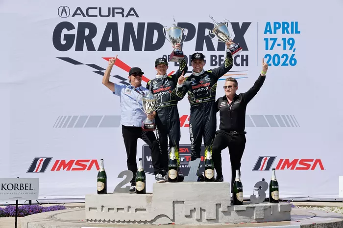 #12 Vasser Sullivan Racing Lexus RC F GT3: Aaron Telitz, Benjamin Pedersen, Orey Fidani with team owners Jimmy Vasser and James 
