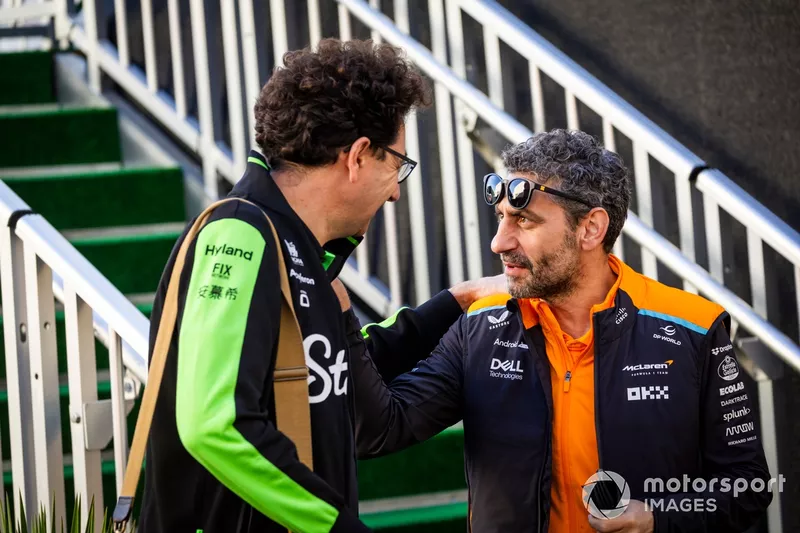 Mattia Binotto, CEO and CTO, Stake F1 Team KICK Sauber and Andrea Stella, Team Principal, McLaren F1 Team
