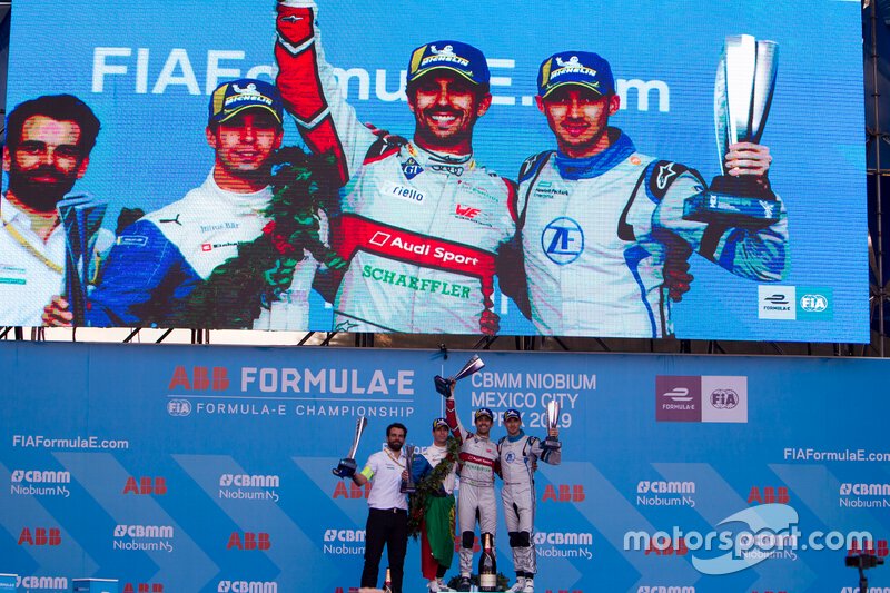 Podium: race winner Lucas Di Grassi, Audi Sport ABT Schaeffler, second placeAntonio Felix da Costa, BMW I Andretti Motorsports and third place, 	
Edoardo Mortara Venturi Formula E