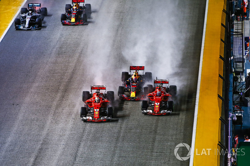 Sebastian Vettel, Ferrari SF70H, Max Verstappen, Red Bull Racing RB13, Kimi Raikkonen, Ferrari SF70H, collide at the start