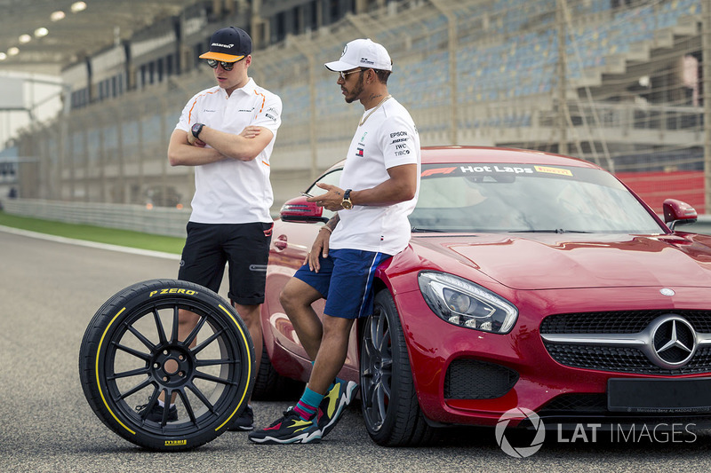 Lewis Hamilton, Mercedes-AMG F1 and Stoffel Vandoorne, McLaren with Pirelli Hot Laps car