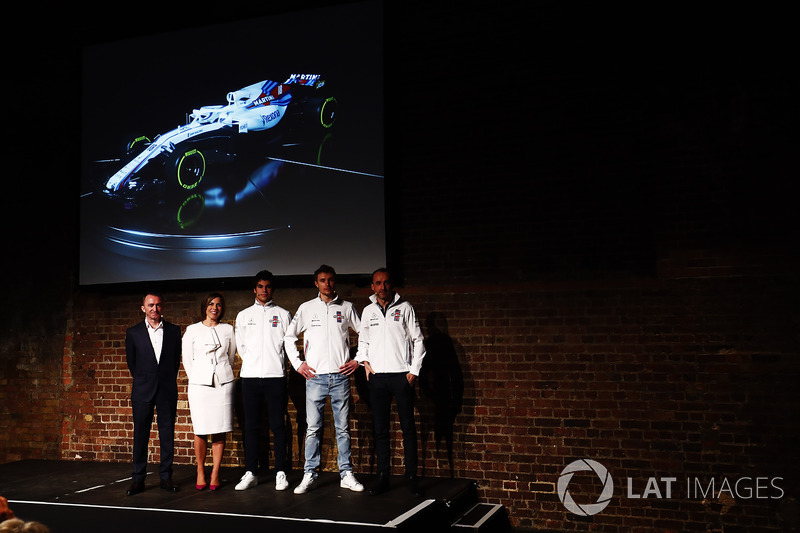 Paddy Lowe, Claire Williams, Lance Stroll, Sergey Sirotkin and Robert Kubica on stage at the launch 