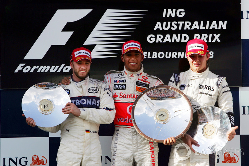 Podium: second place Nick Heidfeld, BMW Sauber F1, Race winner Lewis Hamilton, McLaren, second place Nico Rosberg, Williams