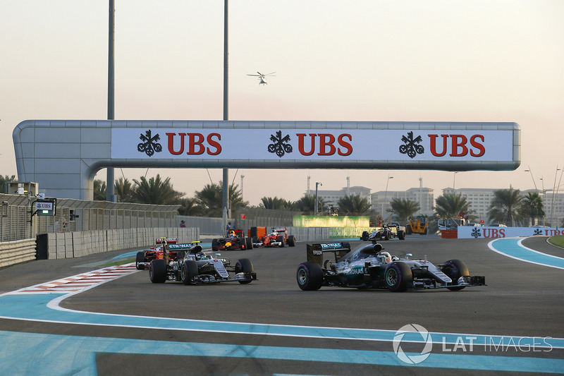 Lewis Hamilton, Mercedes F1 W07 Hybrid, leads Nico Rosberg, Mercedes F1 W07 Hybrid, and Kimi Raikkon