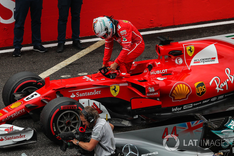 Sebastian Vettel, Ferrari SF70H arrives to celebrate in parc ferme