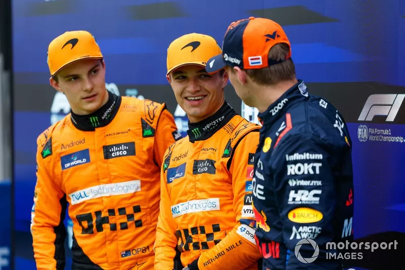 Trois premiers qualifiés Oscar Piastri, McLaren F1 Team, Lando Norris, McLaren F1 Team, Max Verstappen, Red Bull Racing