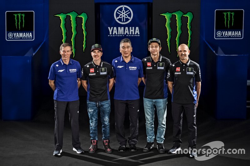 Valentino Rossi, Yamaha Factory Racing, Maverick Vinales, Yamaha Factory Racing, Maio Meregalli, Yamaha Factory Racing team manager, Lin Jarvis, Yamaha Factory Racing Managing Director, Kouichi Tsuji, President of Yamaha Motor Racing
