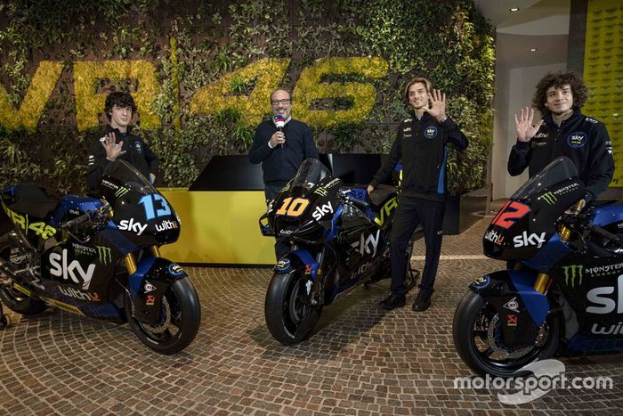 Luca Marini, Marco Bezzecchi and Celestino Vietti Ramus at Sky Racing Team VR46 MotoGP and Moto2 livery unveil