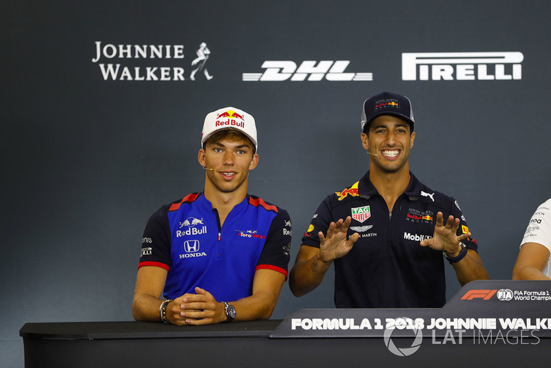 Pierre Gasly, Toro Rosso, and Daniel Ricciardo, Red Bull Racing, joke in the Thursday press conference