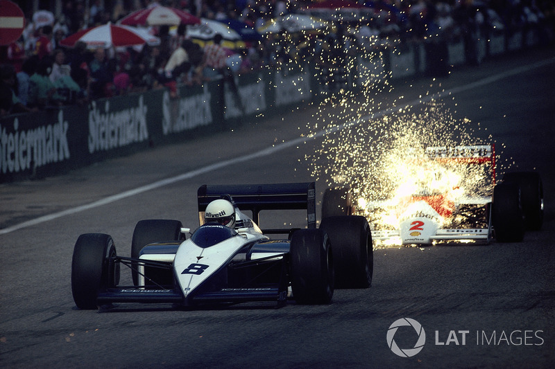 Brabham driver Andrea de Cesaris closely followed by Stefan Johansson, McLaren