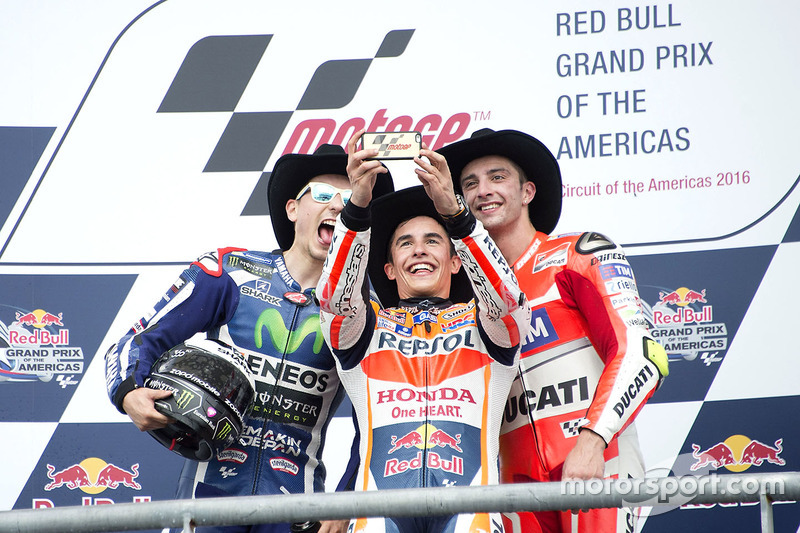 Podium: Race winner Marc Marquez, Repsol Honda Team, Honda; second place Jorge Lorenzo, Movistar Yamaha MotoGP, Yamaha; third place Andrea Iannone, Ducati Team, Ducati