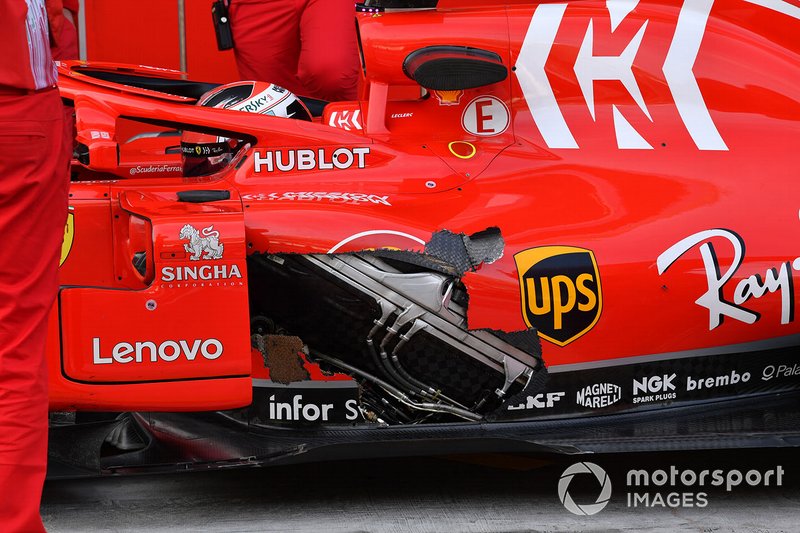 Charles Leclerc, Ferrari SF71H avec un morceau manquant sur la carrosserie