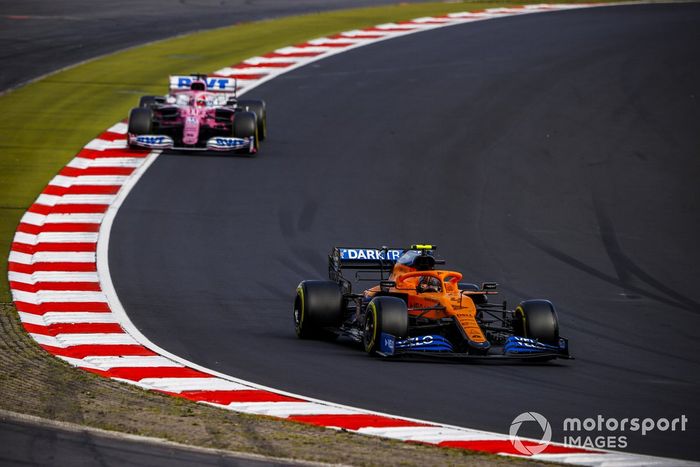 Lando Norris, McLaren MCL35, Sergio Perez, Racing Point RP20