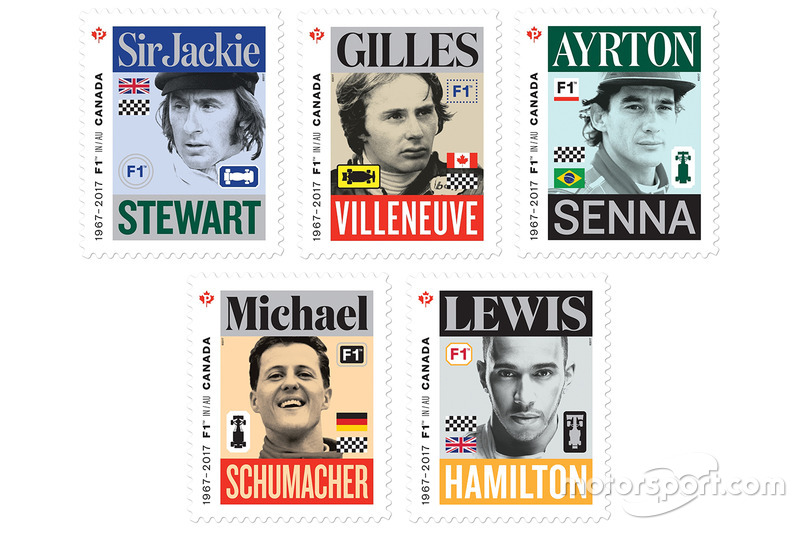 Sello de correos de Sir Jackie Stewart, Gilles Villeneuve, Ayrton Senna, Michael Schumacher y Lewis Hamilton