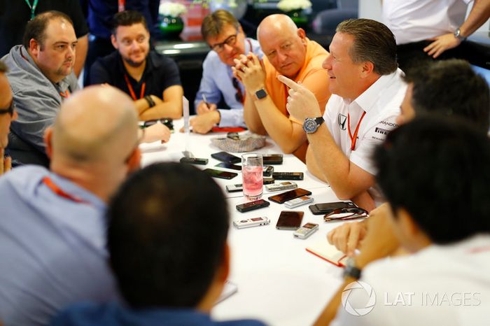 Zak Brown, Executive Director, McLaren Technology Group, talks to a group of journalists