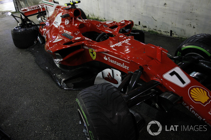 The damaged car of Kimi Raikkonen, Ferrari SF70H after crashing out of the race