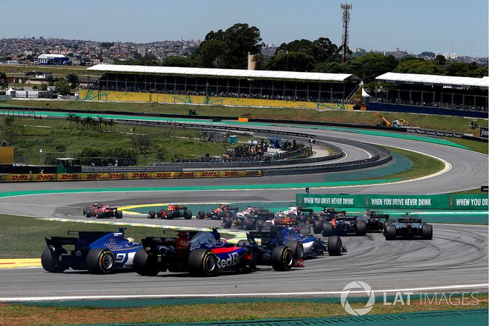 Sebastian Vettel, Ferrari SF70H leads at the start of the race