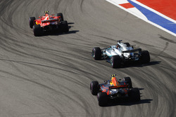 Kimi Raikkonen, Ferrari SF70H, Lewis Hamilton, Mercedes AMG F1 W08 and Max Verstappen, Red Bull Raci