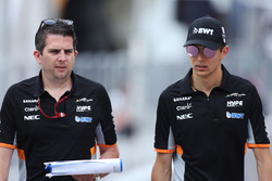 Esteban Ocon, Force India, conducts a track walk, a colleague