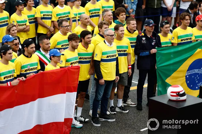 Lance Stroll, Aston Martin F1 Team, Esteban Ocon, Alpine F1 Team, Yuki Tsunoda, Visa Cash App RB F1 Team, Pierre Gasly, Alpine F1 Team, Carlos Sainz, Scuderia Ferrari, Stefano Domenicali, CEO, Formula One Group, Sebastian Vettel, Nico Hulkenberg, Haas F1 