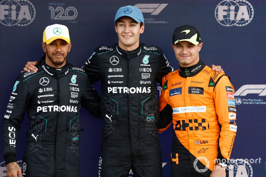 Najlepsza trójka kwalifikacji Lando Norris, McLaren F1 Team, pole man George Russell, Mercedes-AMG F1 Team, Lewis Hamilton, Mercedes-AMG F1 Team