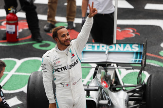 Lewis Hamilton, Mercedes AMG F1, celebrates after securing his 5th world drivers title