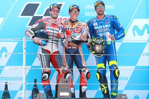 Podium : le vainqueur Marc Marquez, Repsol Honda Team, le deuxième, Andrea Dovizioso, Ducati Team, le troisième, Andrea Iannone, Team Suzuki MotoGP