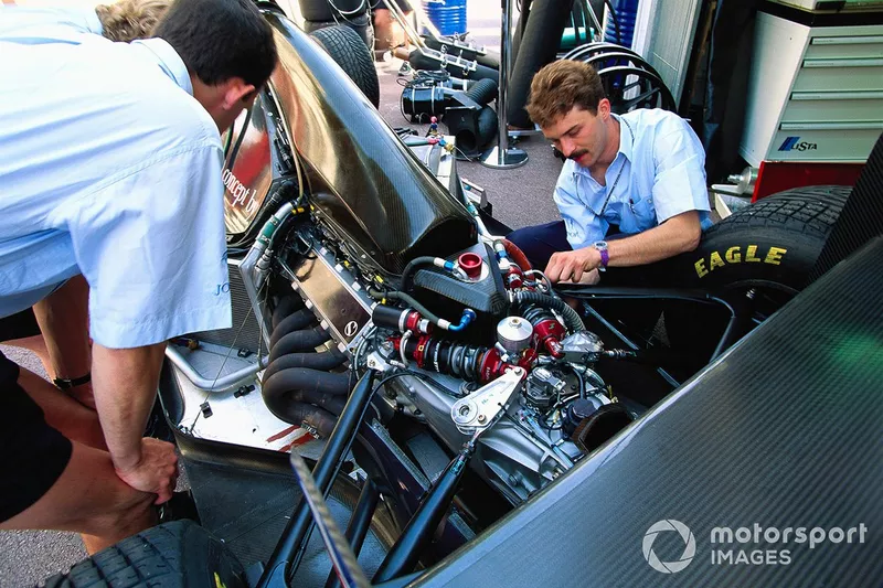 Mechanics work on a Sauber C12 powered by an Illmor engine