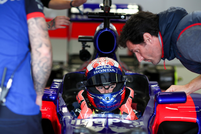 Marc Marquez, tests the Toro Rosso F1 car, with ex Formula 1 driver, Mark Webber