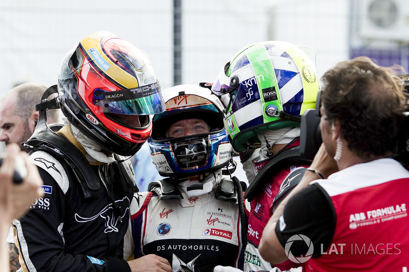 Jean-Eric Vergne, Techeetah, festeggia con Sam Bird, DS Virgin Racing, Lucas di Grassi, Audi Sport ABT Schaeffler