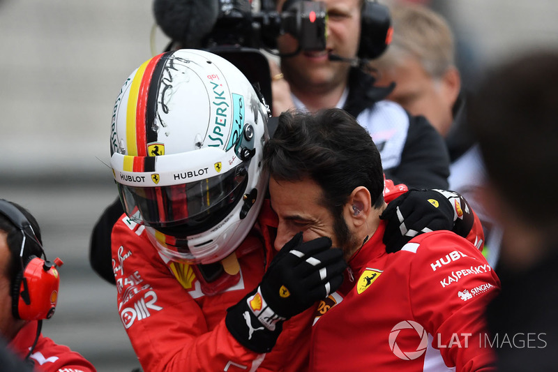 Pole sitter Sebastian Vettel, Ferrari celebrates in parc ferme