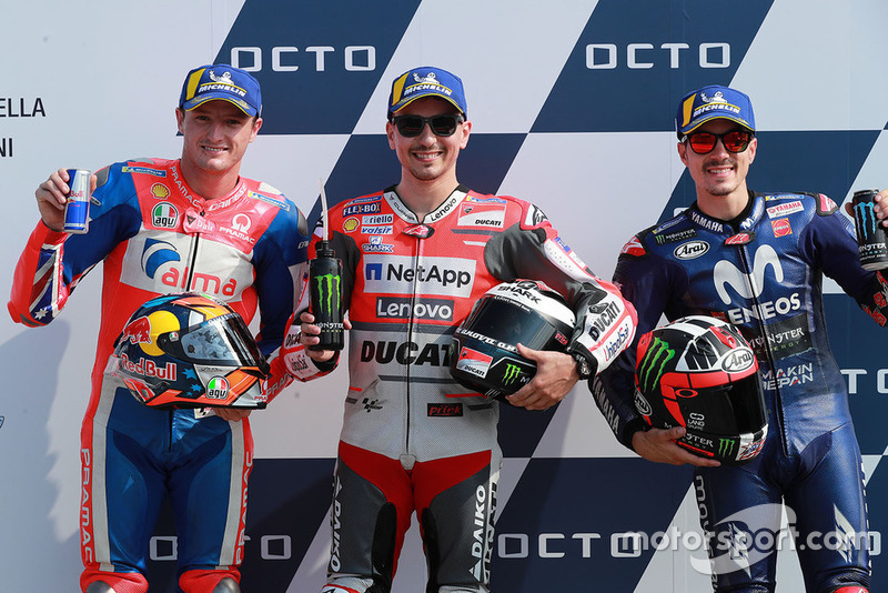Poleman Jorge Lorenzo, Ducati Team, segundo Jack Miller, Pramac Racing, tercero Maverick Viñales, Yamaha Factory Racing
