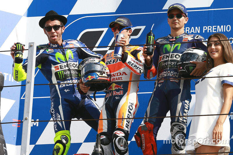 Podium: race winner Dani Pedrosa, Repsol Honda Team, second place Valentino Rossi, Yamaha Factory Racing, third place Jorge Lorenzo, Yamaha Factory Racing