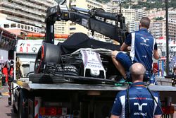 The Williams FW38 of Felipe Massa, Williams is recovered back to the pits on the back of a truck